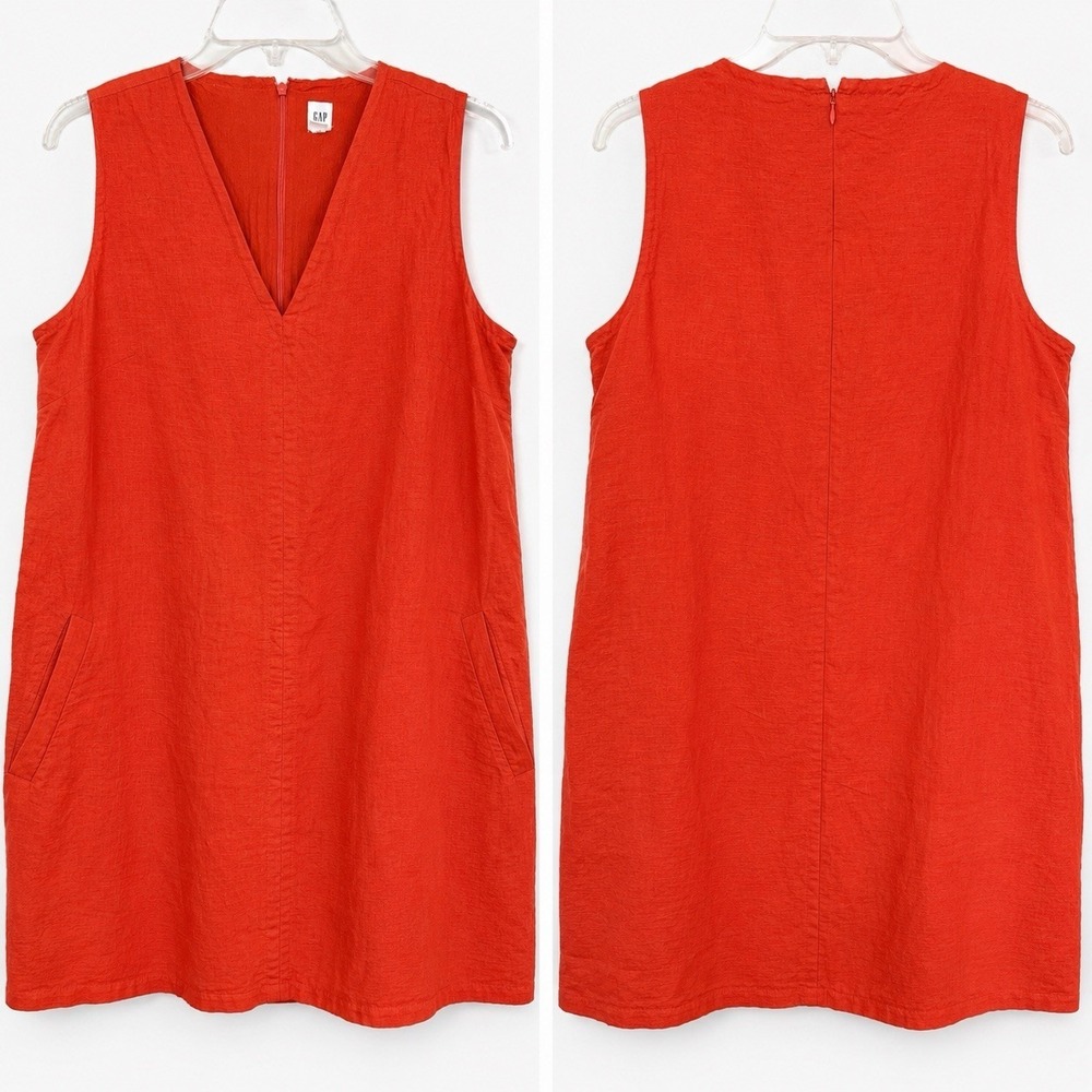Gap Linen Cotton Sleeveless Dark Orange Knee Hi Shift Dress Pockets Sz L